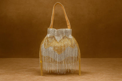 Handcrafted Beaded Fringe Potli Bag - Retro-Glam 'Gatsby' Style Evening Bucket Bag