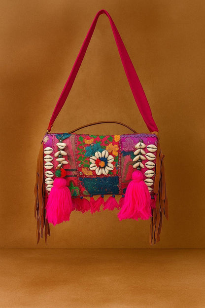 Handcrafted Banjara Patchwork Sling Bag - Boho Gypsy Crossbody with Cowrie Shells & Fringes
