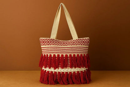 Handcrafted Boho Jacquard Tote Bag - Geometric Woven Shoulder Bag with Tassels & Braided Detail