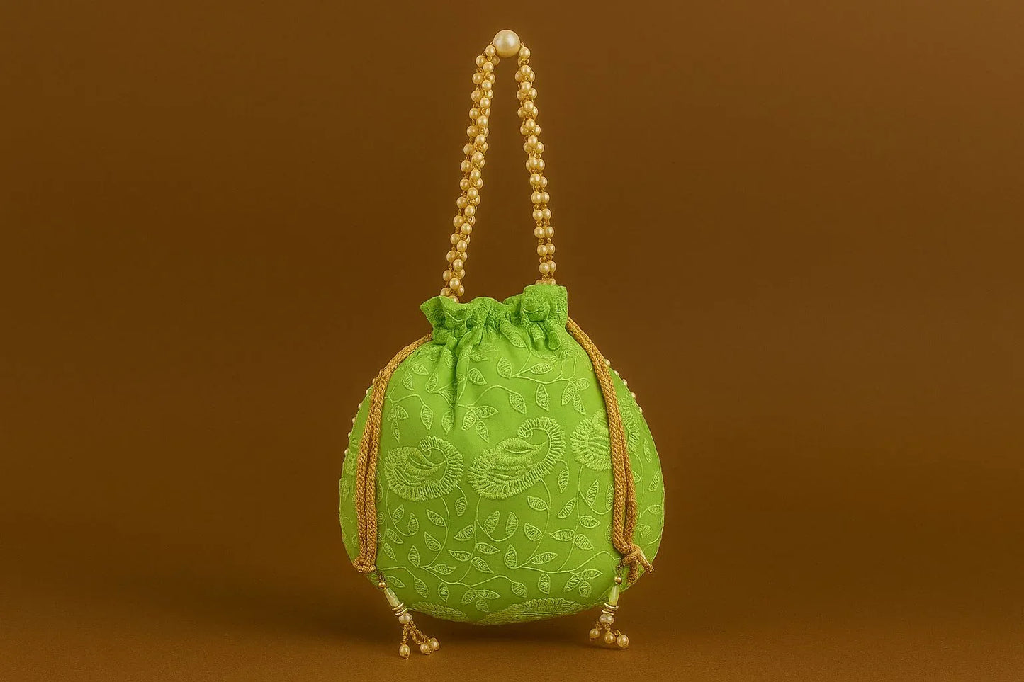 Handcrafted Self-Embroidered Silk Potli Bag with Pearl Handle - Monotone Ethnic Batwa