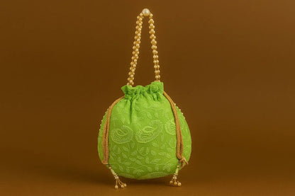 Handcrafted Self-Embroidered Silk Potli Bag with Pearl Handle - Monotone Ethnic Batwa