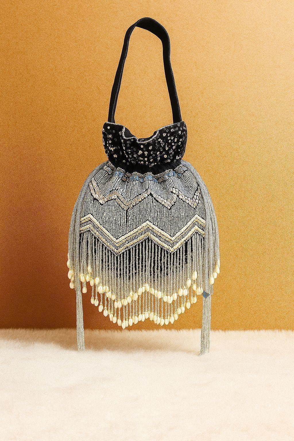 Handcrafted Beaded Fringe Potli Bag - Retro-Glam 'Gatsby' Style Evening Bucket Bag