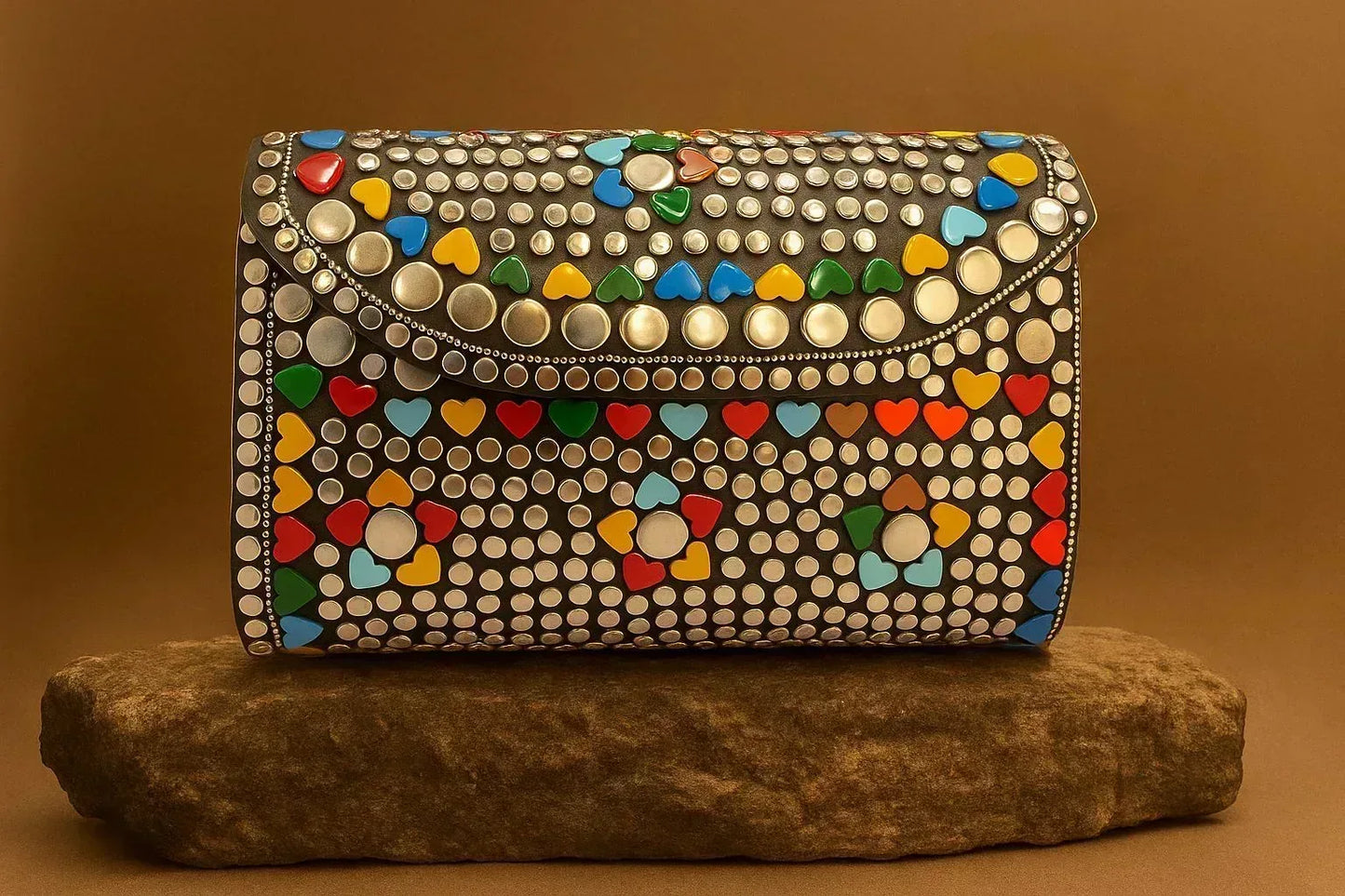Handcrafted Retro-Pop Mosaic Clutch - Studded Evening Bag with Colorful Stone Inlay