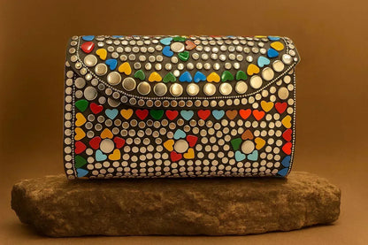 Handcrafted Retro-Pop Mosaic Clutch - Studded Evening Bag with Colorful Stone Inlay