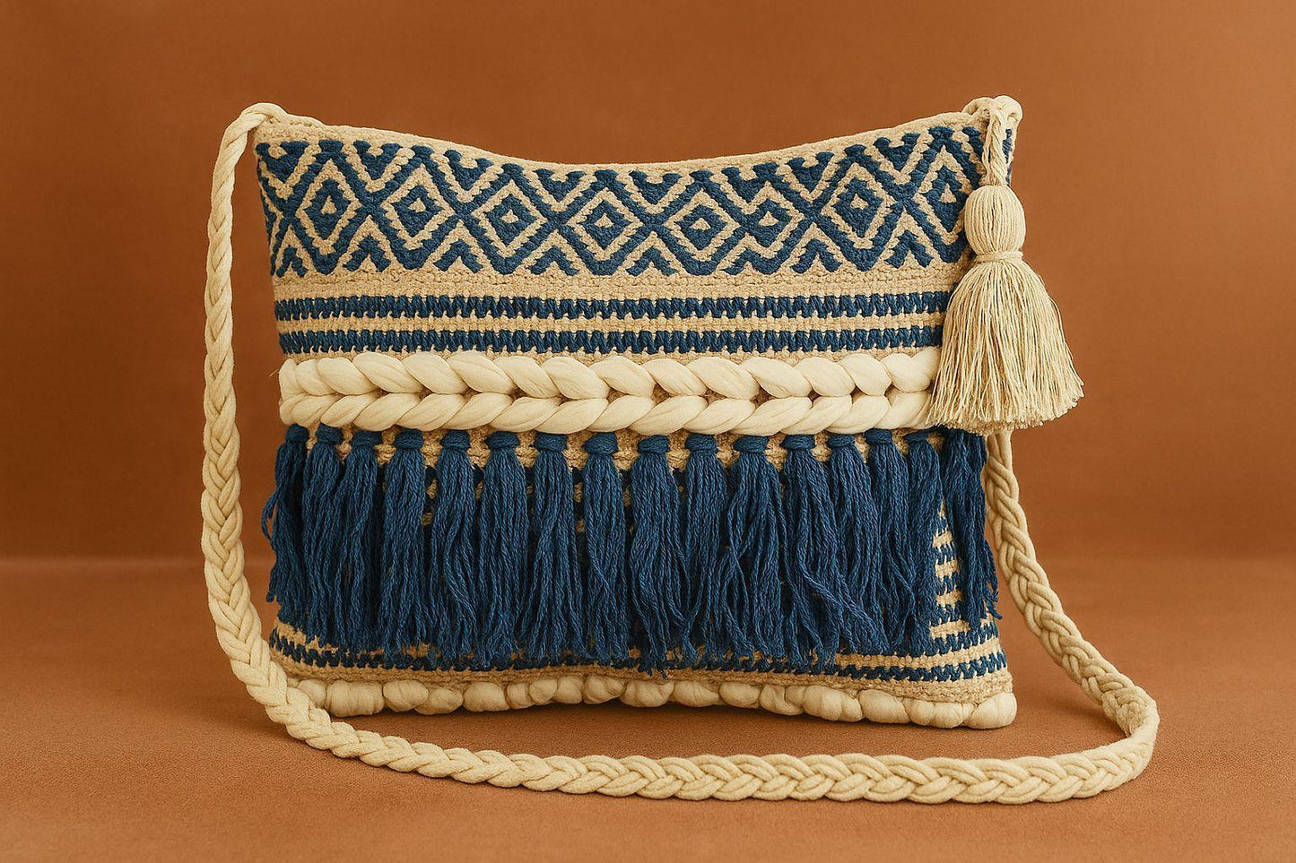 Handcrafted Boho Geometric Sling Bag - Woven Jacquard Crossbody with Braided Strap