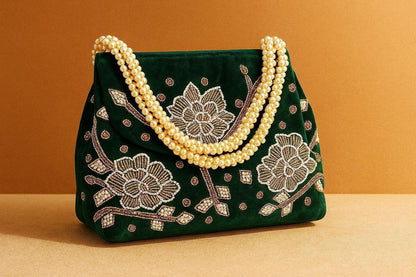 Handcrafted Velvet Mini Tote with Pearl Handle - 'Royal Garden' Floral Zari Handbag