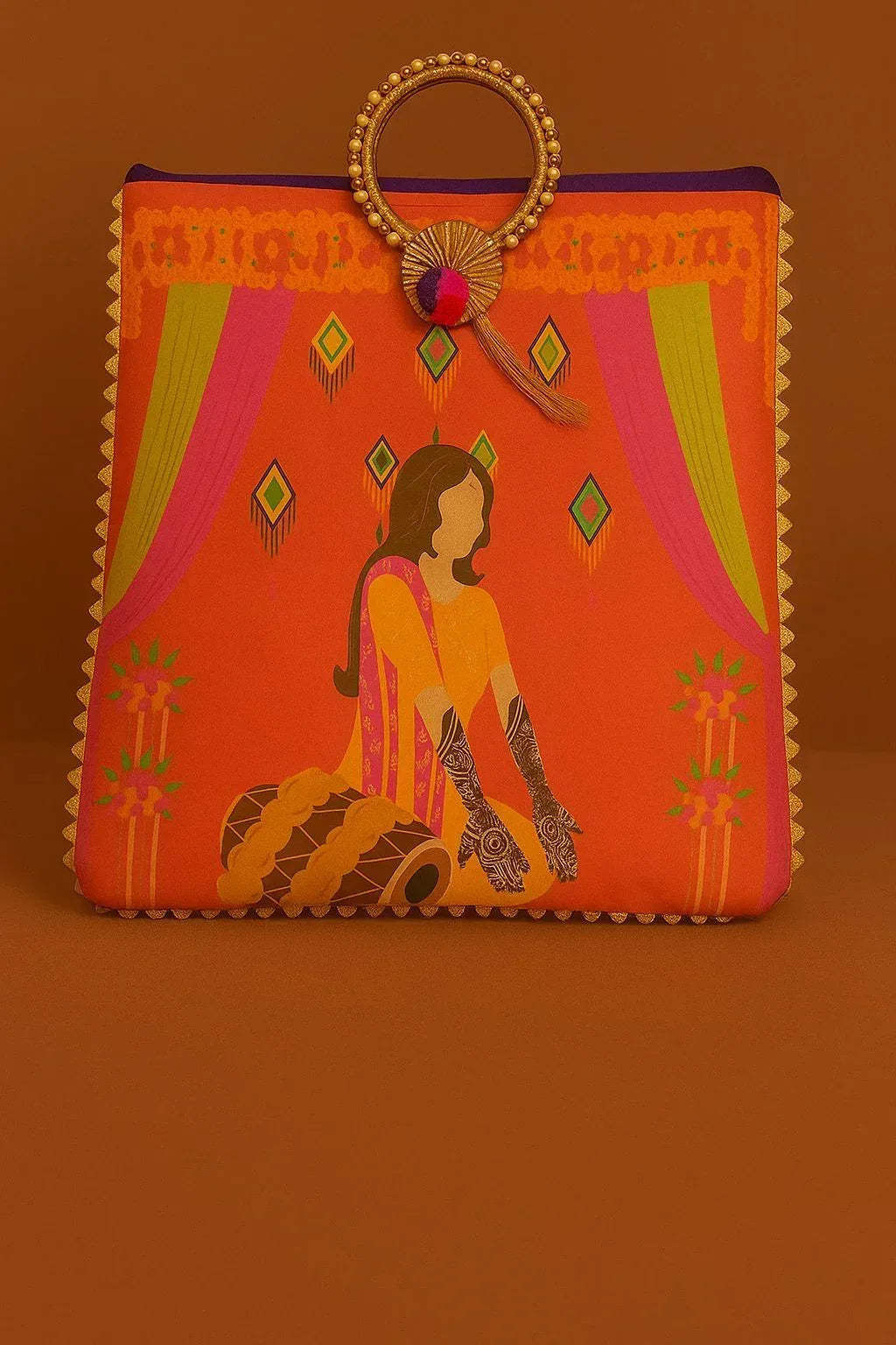 Digital Print Ethnic Handbag with Ring Handle - 'Dholak Sangeet' Illustration