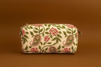 Handcrafted Indian Cotton Travel Pouch - Block Print & Ikat Cosmetic Bag / Utility Organizer