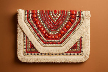 Handcrafted Boho Beaded Clutch & Sling Bag - Tribal Coins, Shells & Evil Eye Design