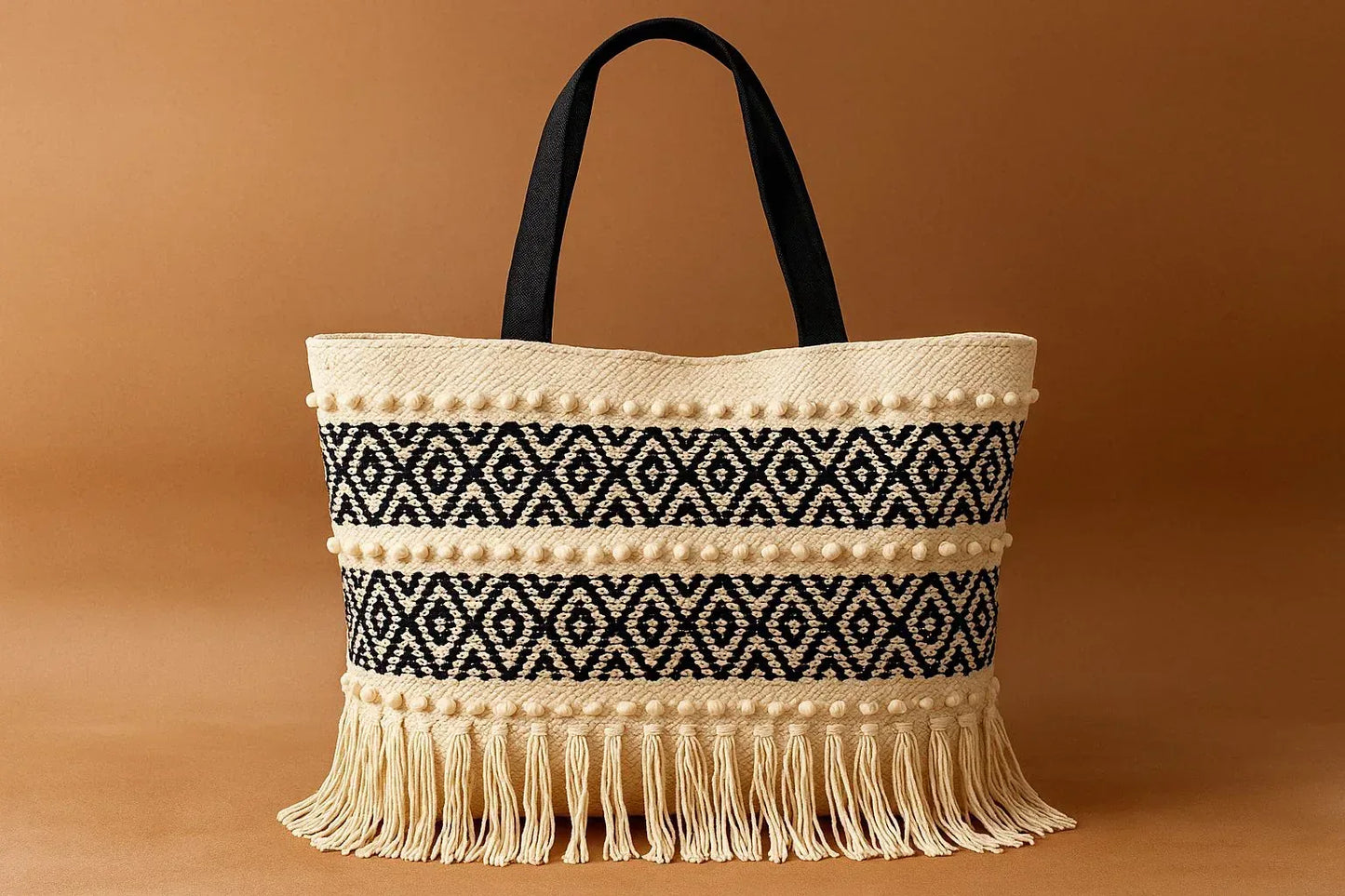 Handcrafted Boho Tote Bag with Popcorn Texture - Geometric Diamond Shoulder Bag