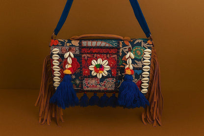 Handcrafted Banjara Patchwork Sling Bag - Boho Gypsy Crossbody with Cowrie Shells & Fringes