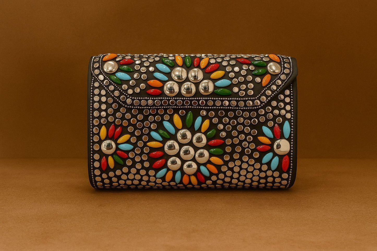 Handcrafted Retro-Pop Mosaic Clutch - Studded Evening Bag with Colorful Stone Inlay