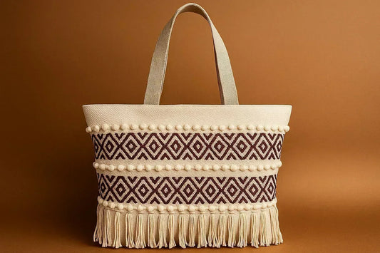 Handcrafted Boho Tote Bag with Popcorn Texture - Geometric Diamond Shoulder Bag