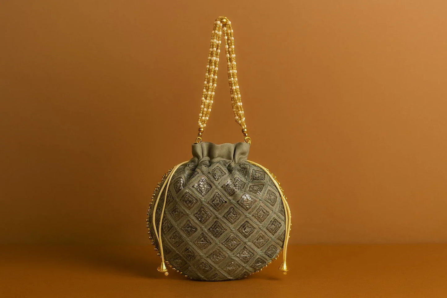 Handcrafted Geometric Sequin Potli Bag with Pearl Handle - Diamond Pattern Ethnic Batwa
