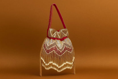 Handcrafted Beaded Fringe Potli Bag - Retro-Glam 'Gatsby' Style Evening Bucket Bag