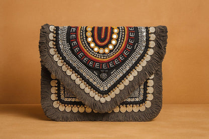 Handcrafted Boho Beaded Clutch & Sling Bag - Tribal Coins, Shells & Evil Eye Design