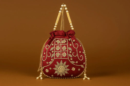 Handcrafted Royal Red Potli Bag with Heavy Pearl & Zardosi Embroidery - Bridal Batwa
