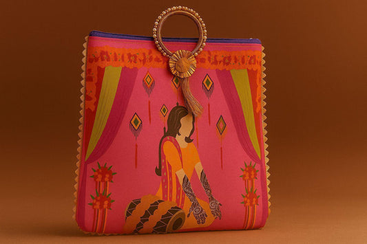 Digital Print Ethnic Handbag with Ring Handle - 'Dholak Sangeet' Illustration