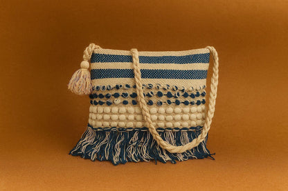 Handcrafted Boho Woven Sling Bag - Textured Crossbody with Braided Strap & Fringes