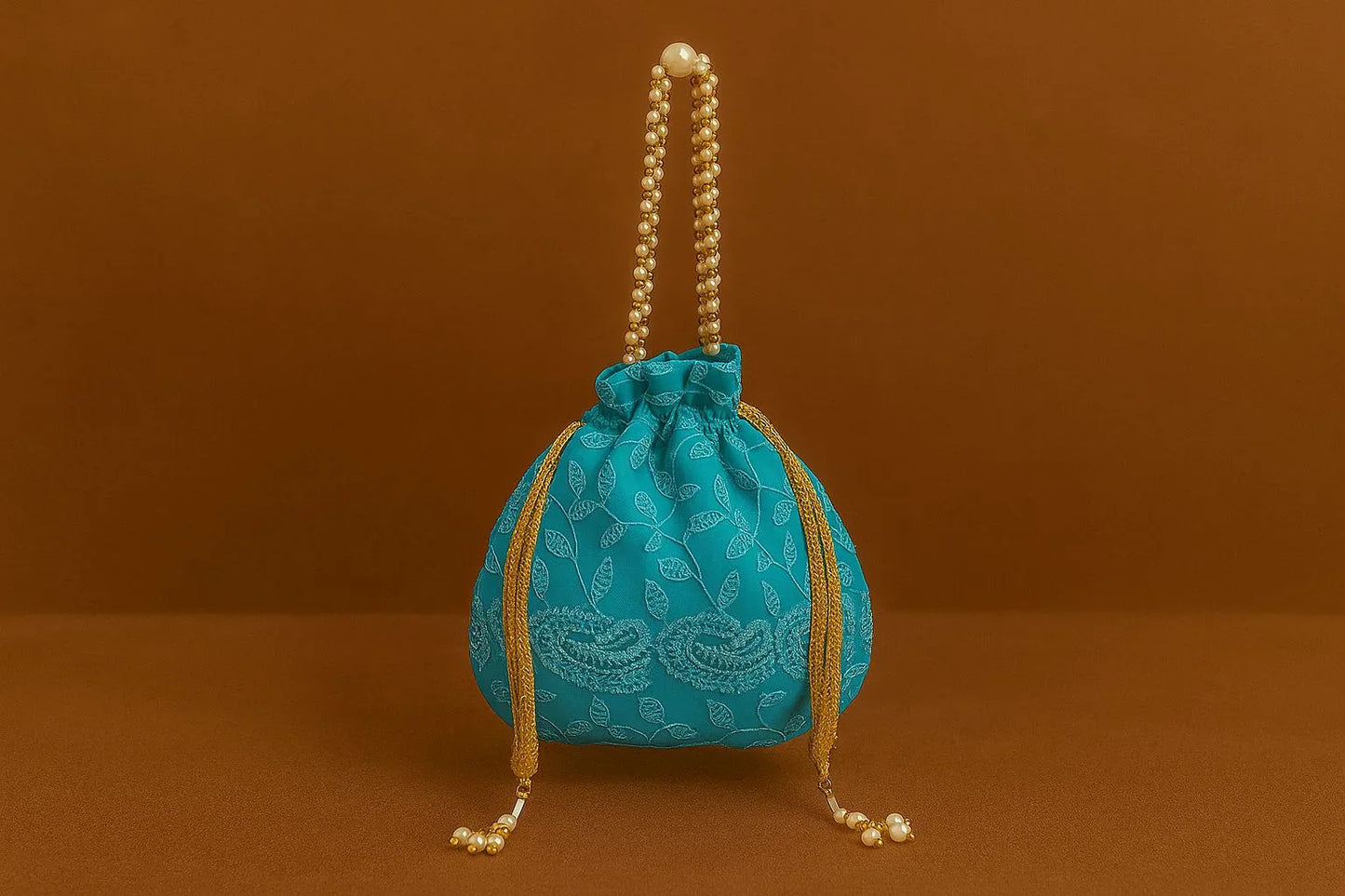 Handcrafted Self-Embroidered Silk Potli Bag with Pearl Handle - Monotone Ethnic Batwa