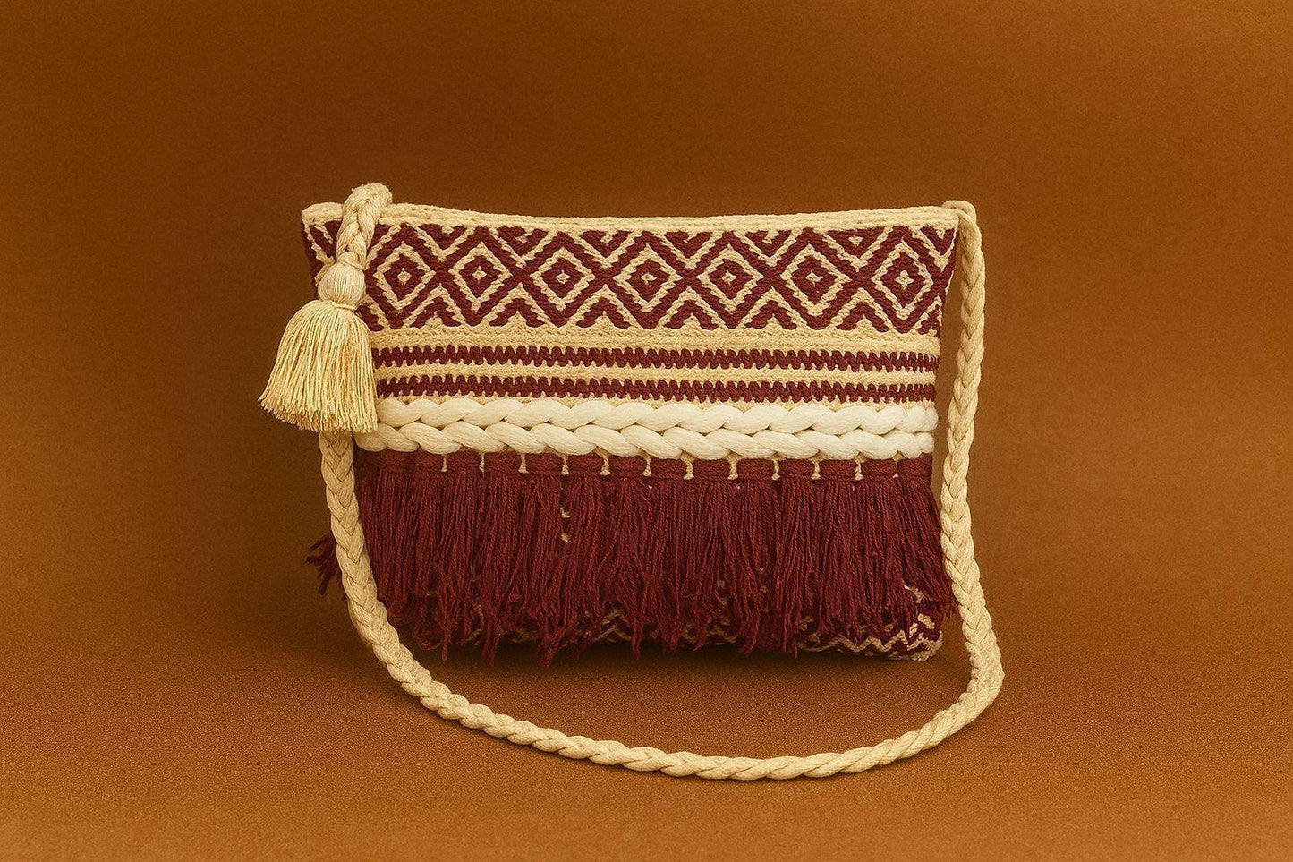 Handcrafted Boho Geometric Sling Bag - Woven Jacquard Crossbody with Braided Strap