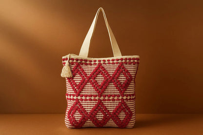 Handcrafted Tufted Cotton Tote Bag - Textured Boho Shoulder Bag with Tassels