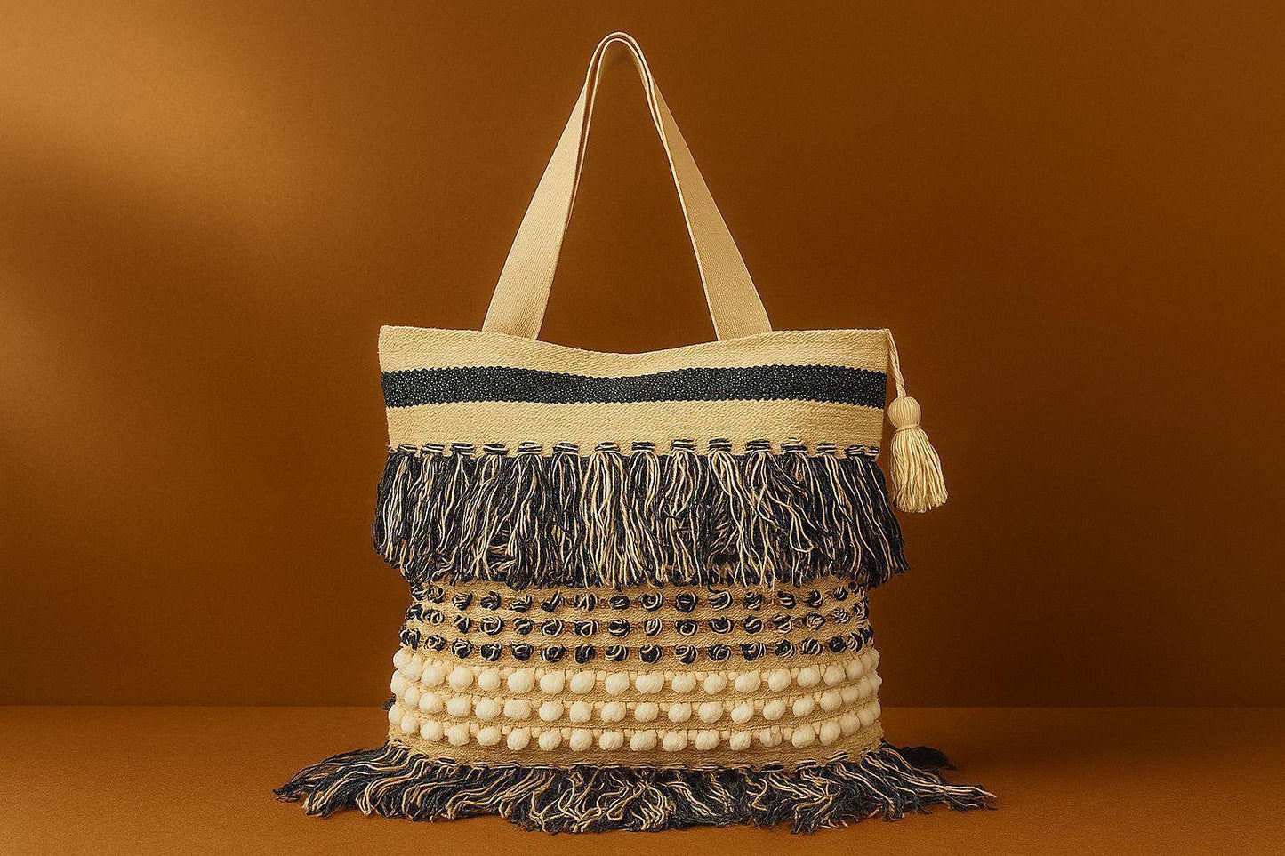 Handcrafted Multi-Textured Boho Tote - Woven Shoulder Bag with Fringes & Popcorn Details