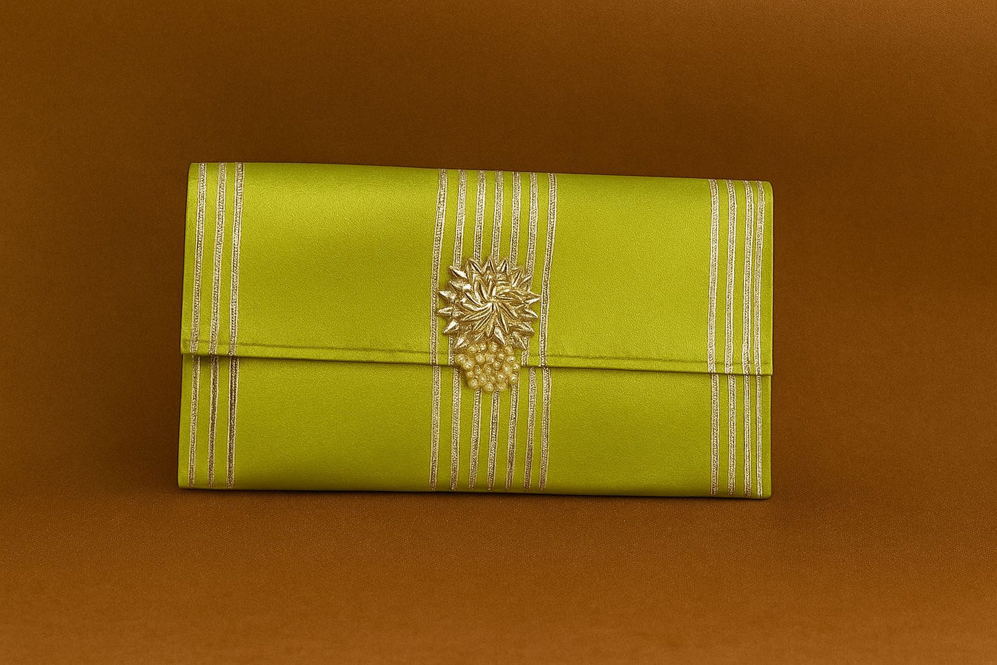 Handcrafted Satin Envelope Clutch with Gold Floral Brooch - Royal Festive Evening Bag