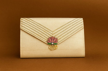 Handcrafted Satin Envelope Clutch with Lotus Motif - Festive Gota Work Bag