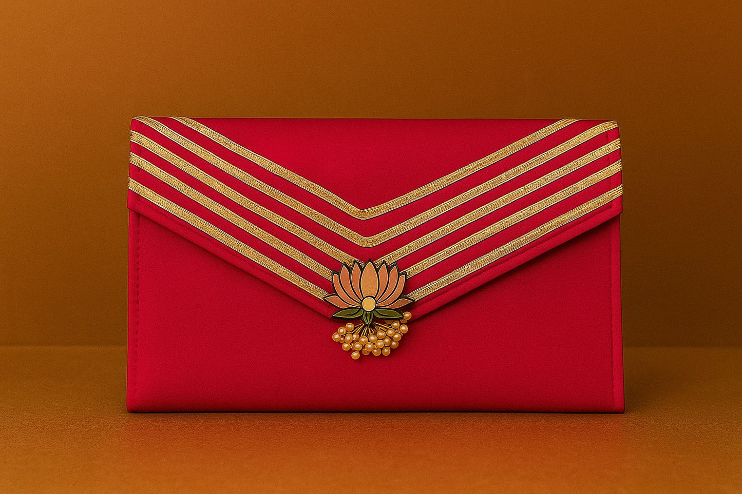 Handcrafted Satin Envelope Clutch with Lotus Motif - Festive Gota Work Bag