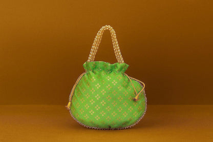 Handcrafted Silk-Blend Potli Bag with Golden Zari Motifs & Pearl Handle