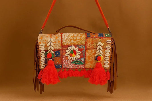 Handcrafted Banjara Patchwork Sling Bag - Boho Gypsy Crossbody with Cowrie Shells & Fringes