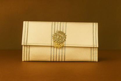 Handcrafted Satin Envelope Clutch with Gold Floral Brooch - Royal Festive Evening Bag