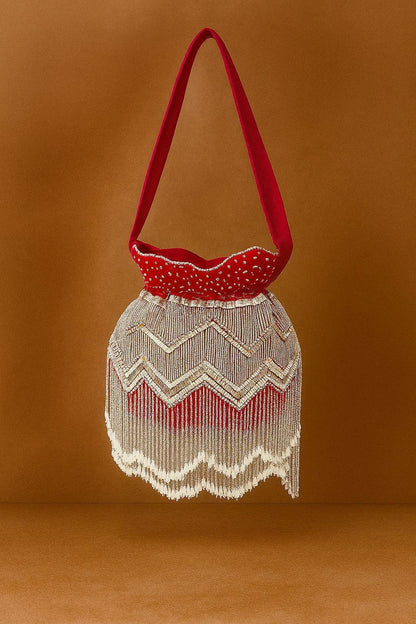 Handcrafted Beaded Fringe Potli Bag - Retro-Glam 'Gatsby' Style Evening Bucket Bag