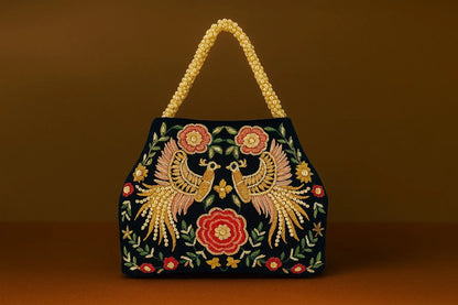 Handcrafted Velvet Mini Tote with Pearl Handle - 'Twin Peacocks' Embroidered Handbag