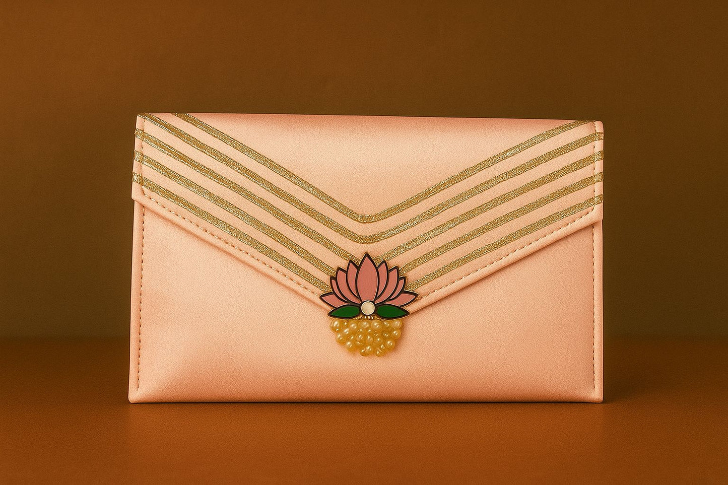 Handcrafted Satin Envelope Clutch with Lotus Motif - Festive Gota Work Bag