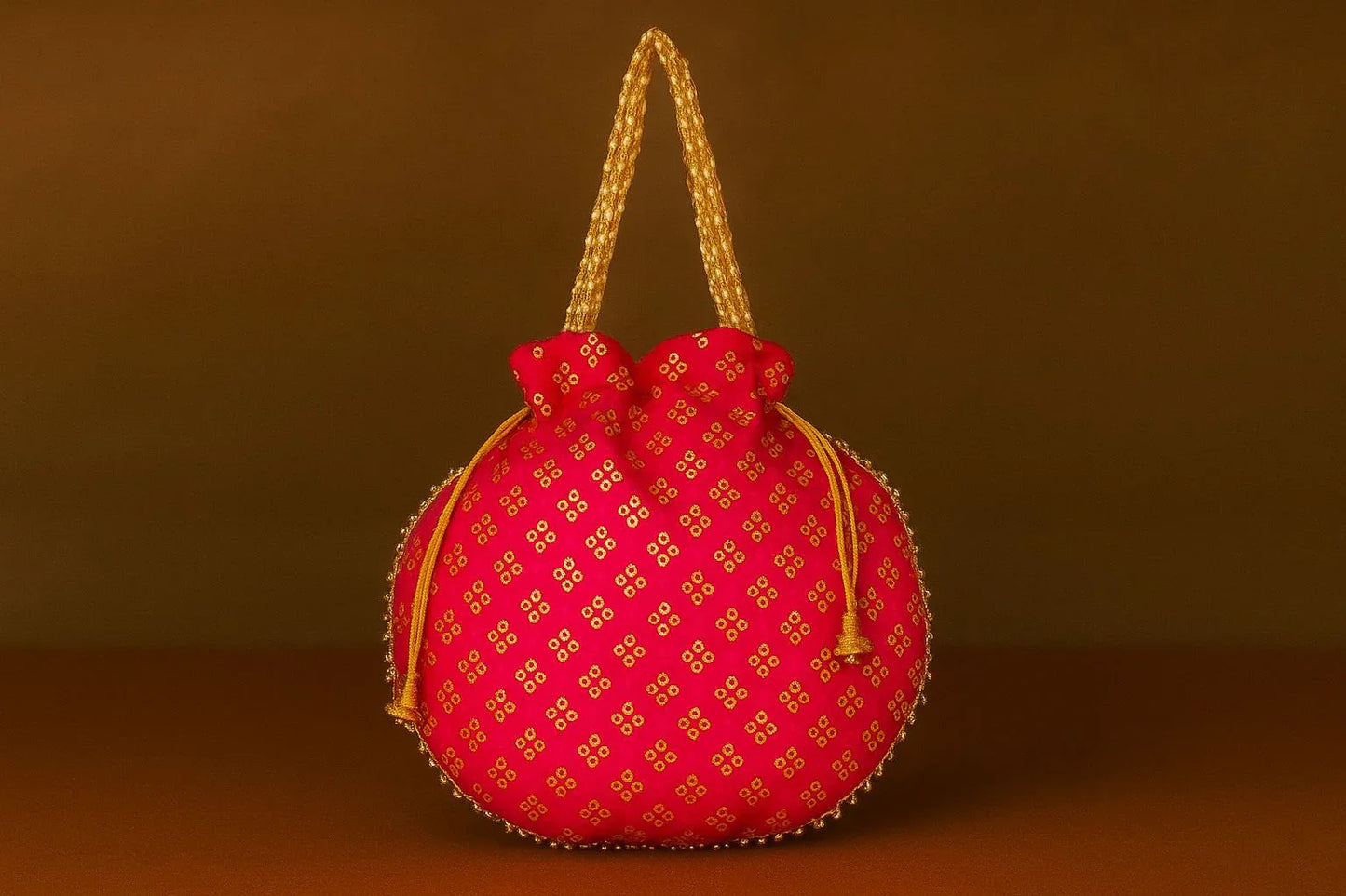 Handcrafted Silk-Blend Potli Bag with Golden Zari Motifs & Pearl Handle