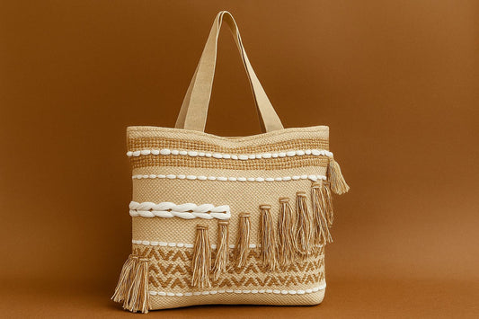 Handcrafted Woven Boho Tote Bag - Textured Macrame & Tassel Canvas Shopper