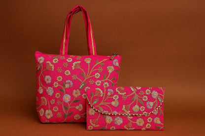 Handcrafted Embroidered Tote & Clutch Combo Set - Ethnic Shoulder Bag with Matching Evening Purse