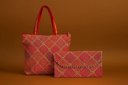 Handcrafted Embroidered Tote & Clutch Combo Set - Ethnic Shoulder Bag with Matching Evening Purse