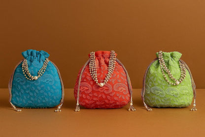 Handcrafted Self-Embroidered Silk Potli Bag with Pearl Handle - Monotone Ethnic Batwa