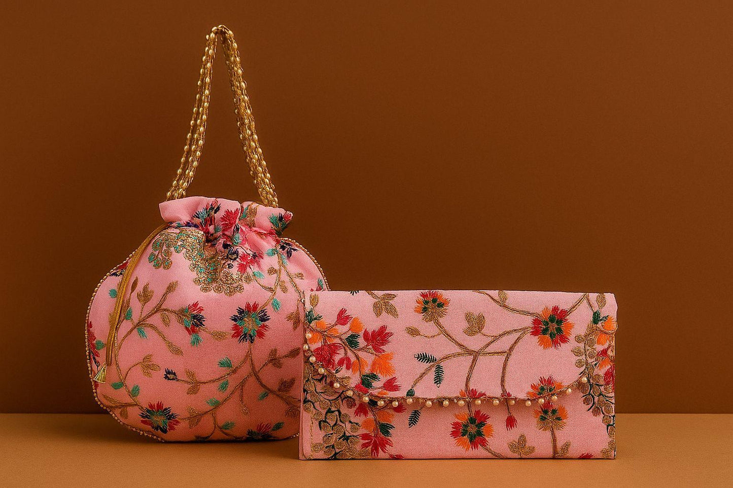 Handcrafted Floral Embroidered Potli & Clutch Combo - Ethnic Pearl Handle Set