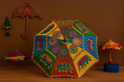 Handcrafted Rajasthani Decorative Umbrella - Embroidered Cotton Sunshade for Weddings & Decor