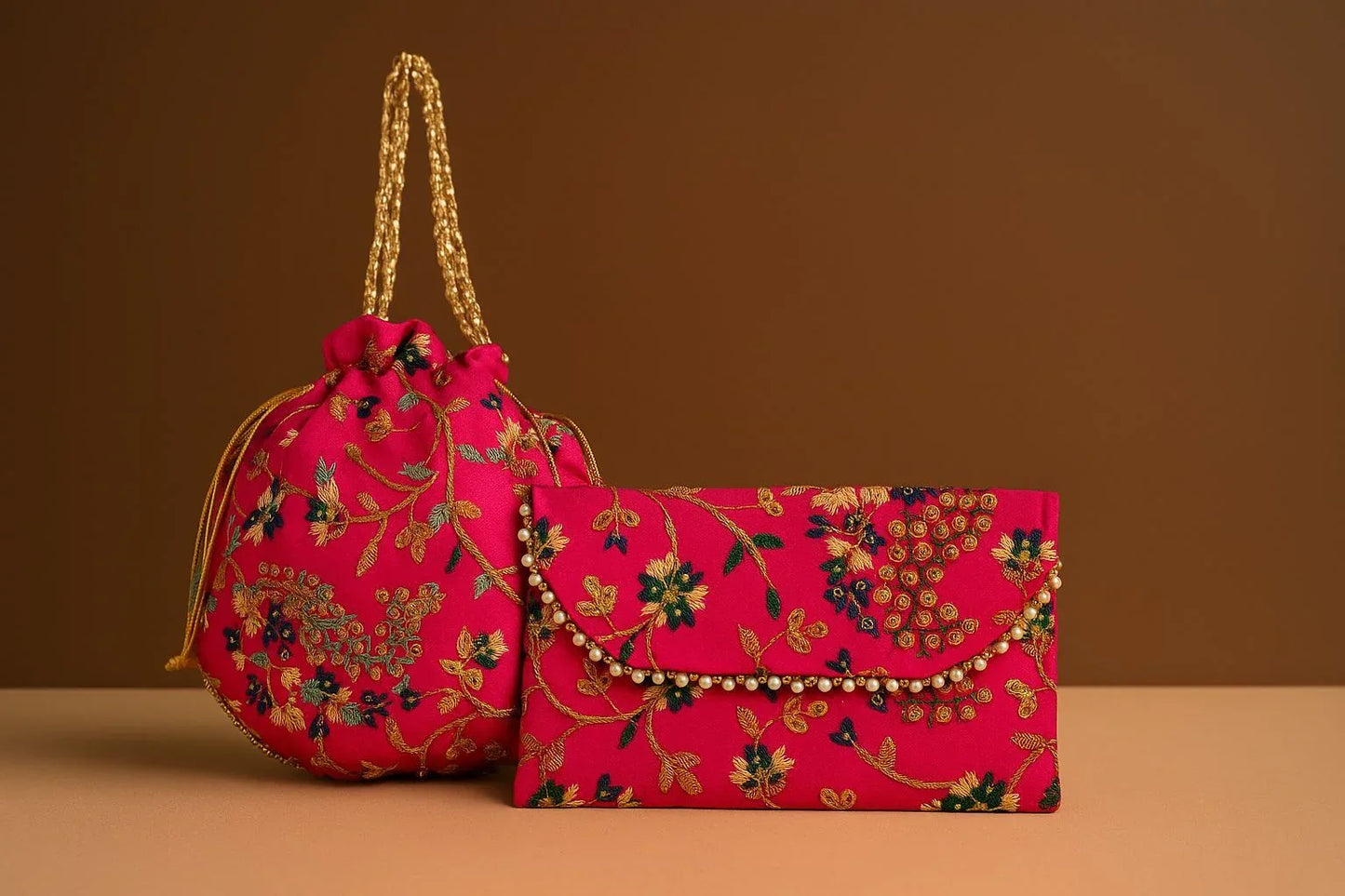 Handcrafted Floral Embroidered Potli & Clutch Combo - Ethnic Pearl Handle Set