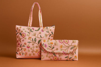 Handcrafted Embroidered Tote & Clutch Combo Set - Ethnic Shoulder Bag with Matching Evening Purse