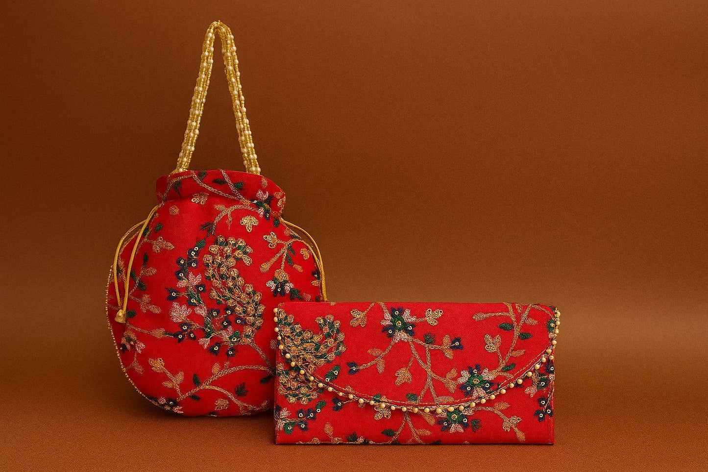 Handcrafted Floral Embroidered Potli & Clutch Combo - Ethnic Pearl Handle Set