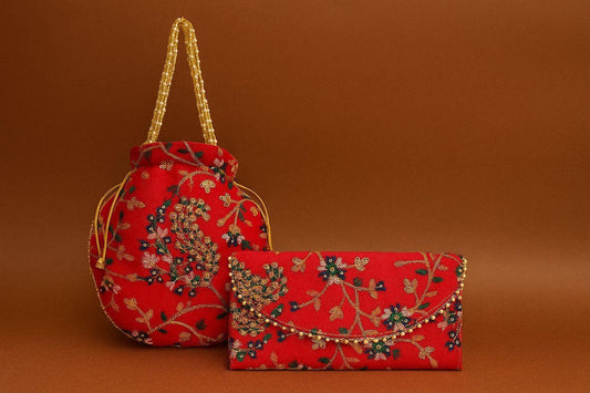 Handcrafted Floral Embroidered Potli & Clutch Combo - Ethnic Pearl Handle Set