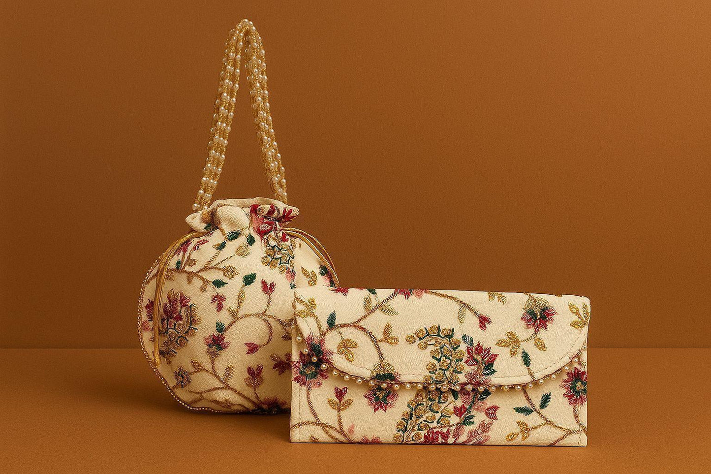 Handcrafted Floral Embroidered Potli & Clutch Combo - Ethnic Pearl Handle Set
