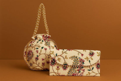 Handcrafted Floral Embroidered Potli & Clutch Combo - Ethnic Pearl Handle Set