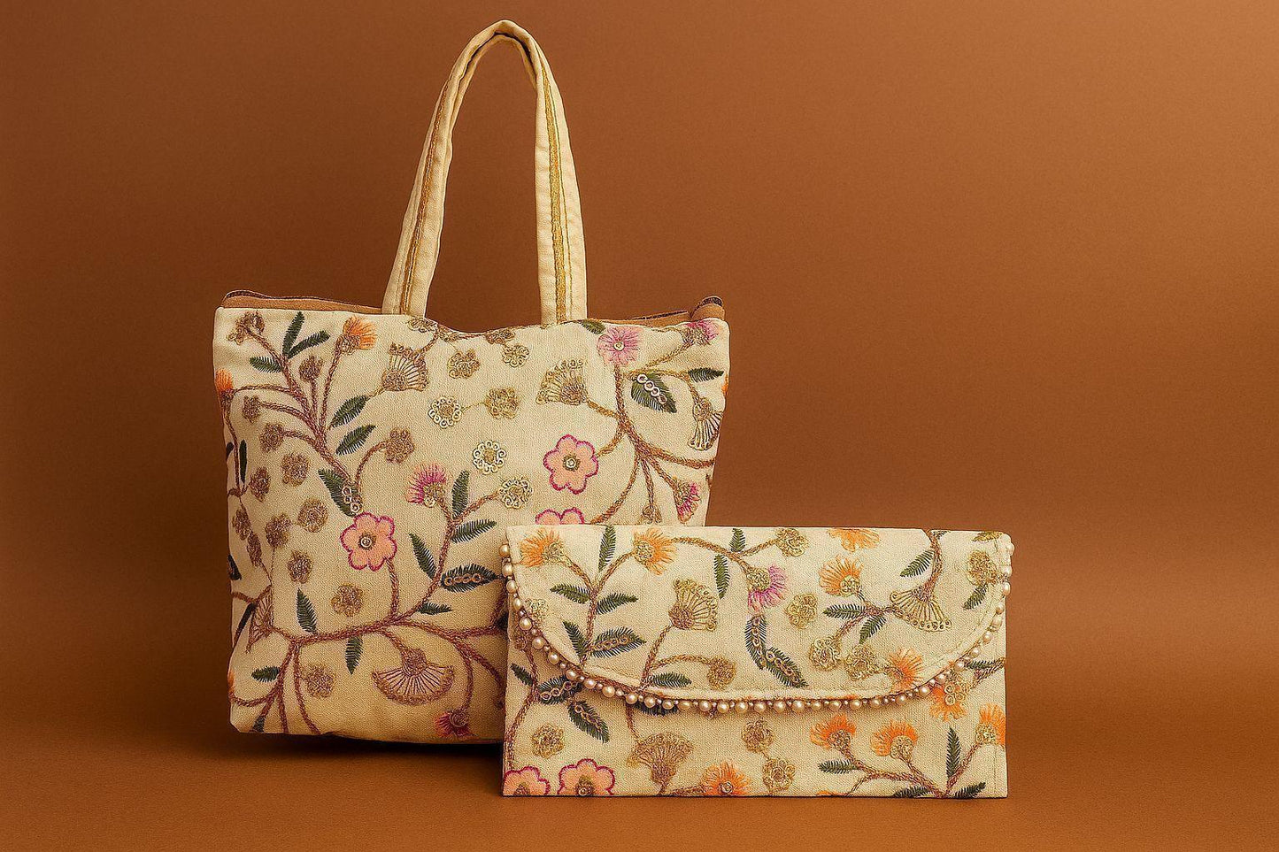 Handcrafted Embroidered Tote & Clutch Combo Set - Ethnic Shoulder Bag with Matching Evening Purse